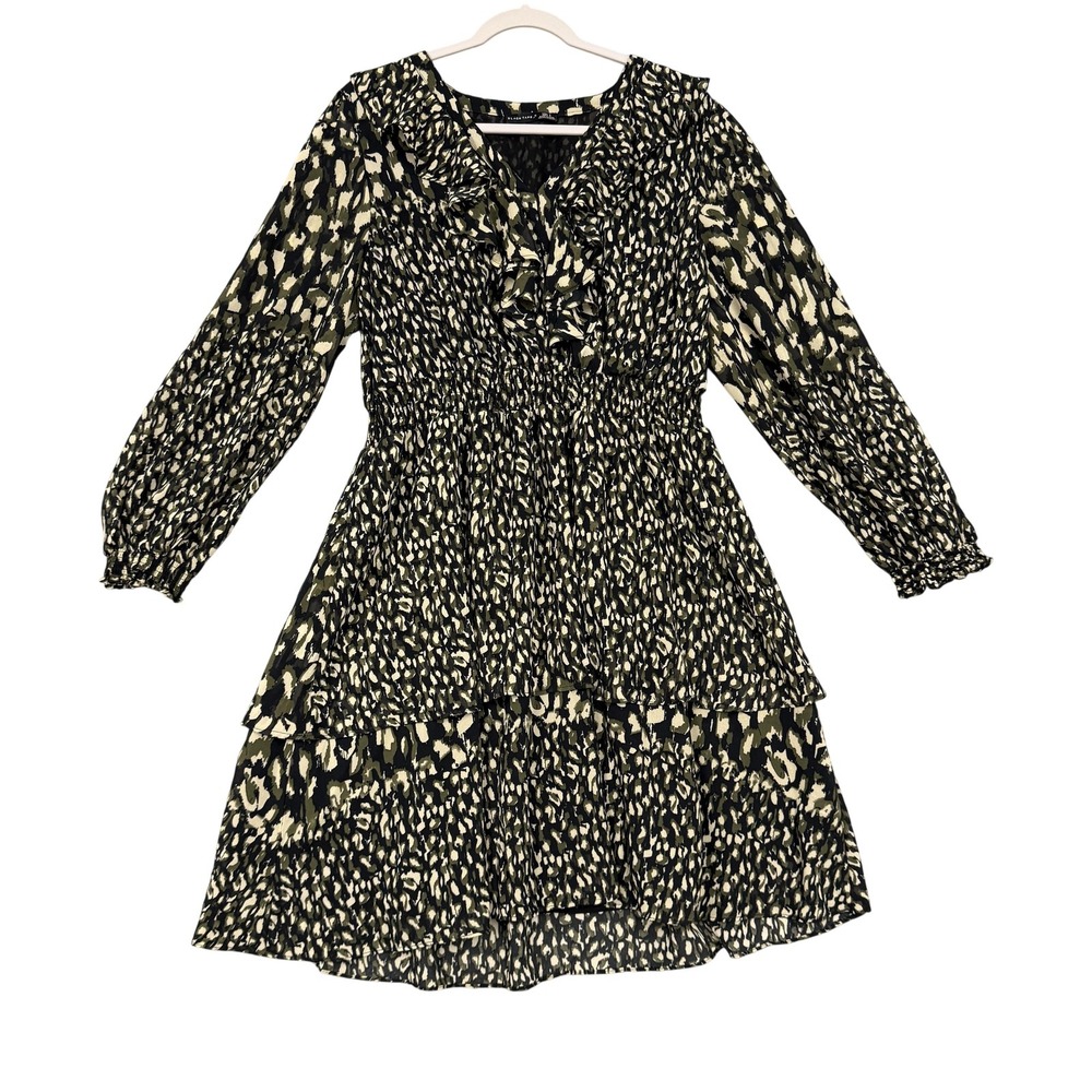 Black Tape Dress Womens 1X Black Green Animal Print Smocked Ruffle Chiffon